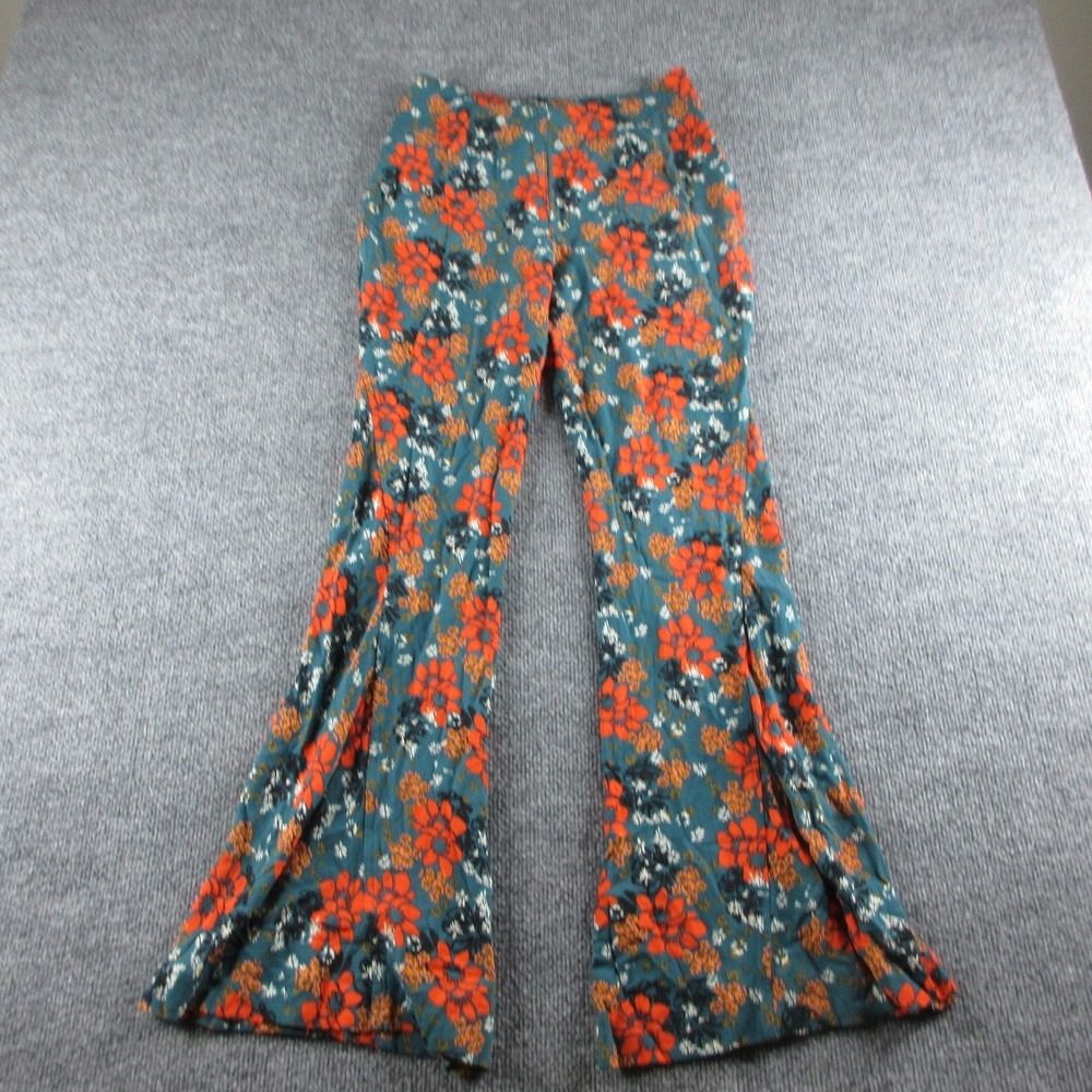 Free People Pants Womens XS Teal Floral Flare Leg Crepe Pull On Boho‎ Festival - Picture 6 of 10